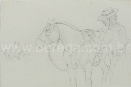 Desenho em grafite de gaúcho preparando os arreios em cavalo - não datado